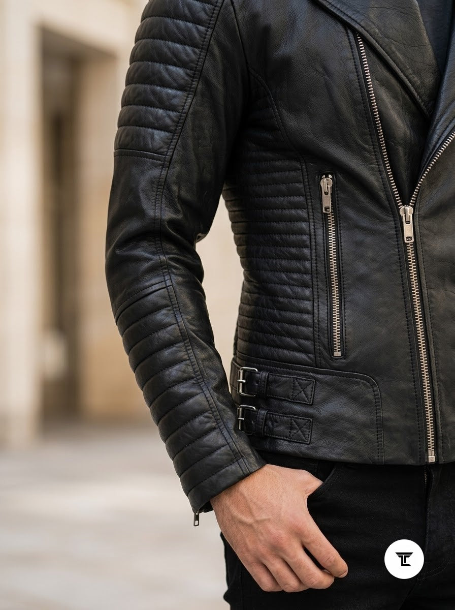 Taj Bespoke Phantom Ribbed Asymmetric Biker Leather Jacket