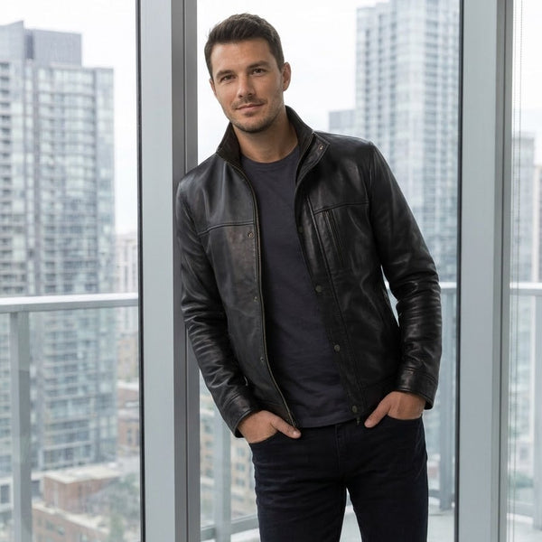 Taj Signature Stealth Minimalist Leather Jacket Close-up 2