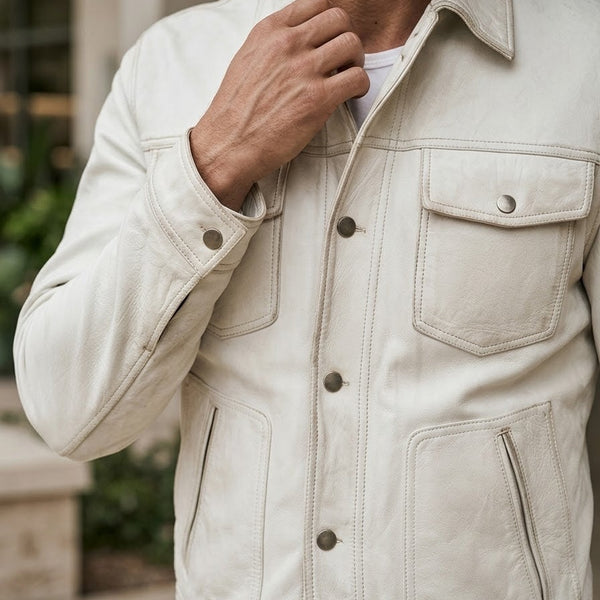 Taj Signature Ivory Suede Safari Utility Overshirt Close-up 3