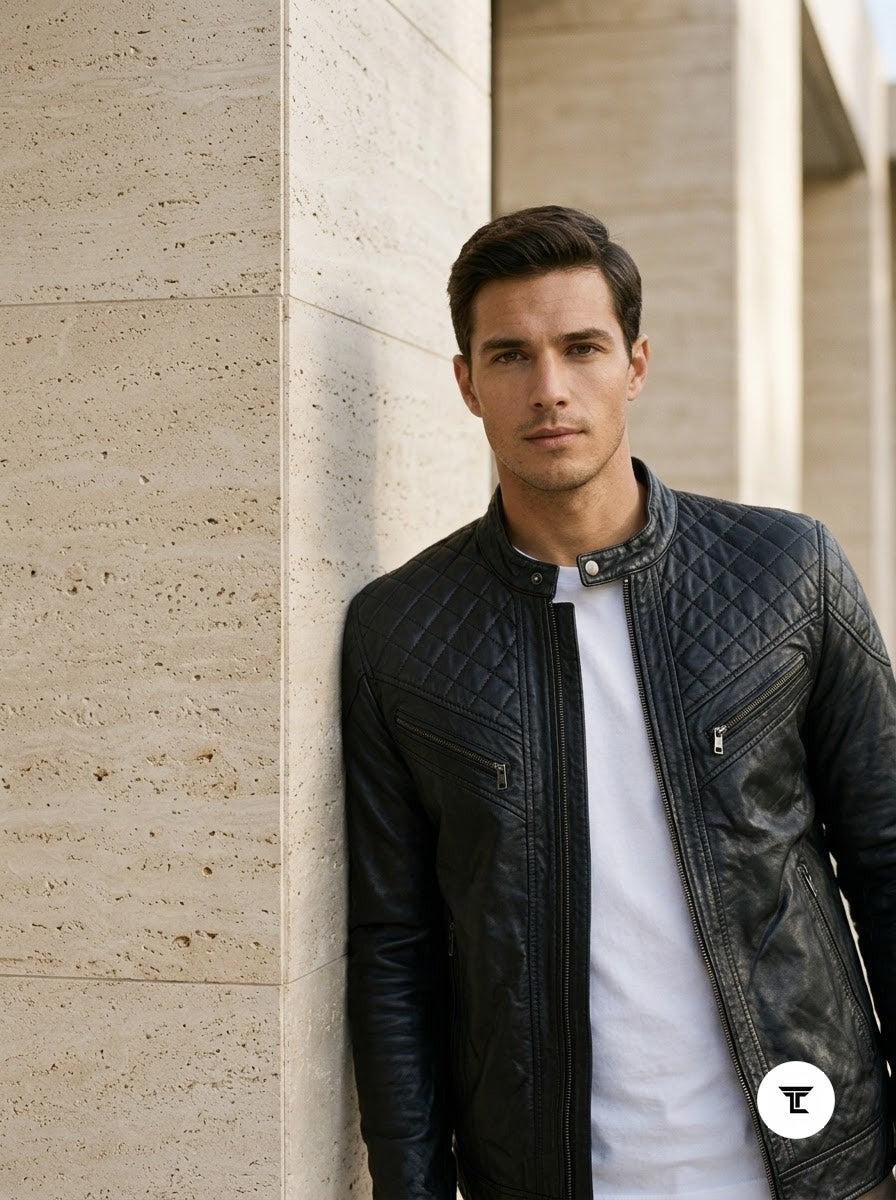 Taj Signature Matrix Diamond-Quilted Black Leather Jacket