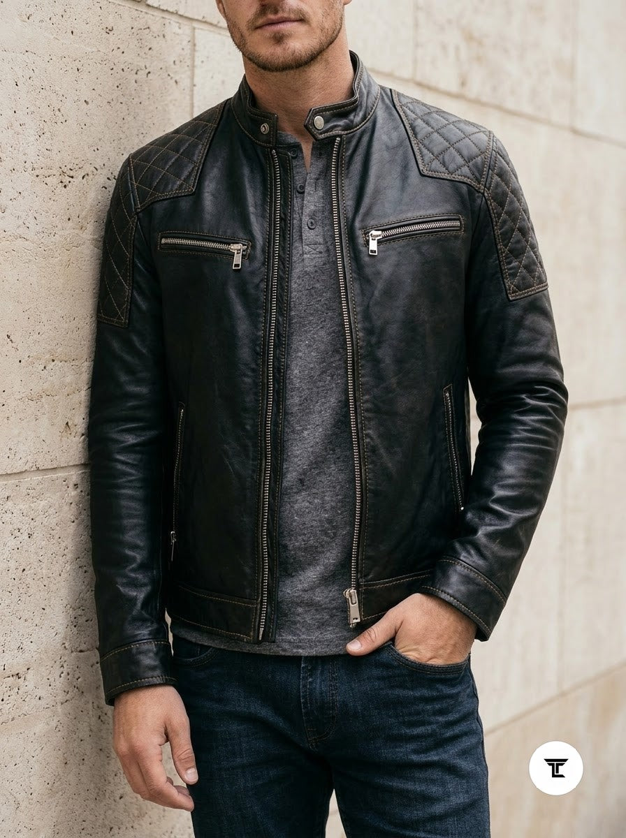 Taj Signature Stealth Diamond-Panel Black Biker Jacket