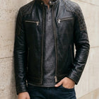 Taj Signature Stealth Diamond-Panel Black Biker Jacket