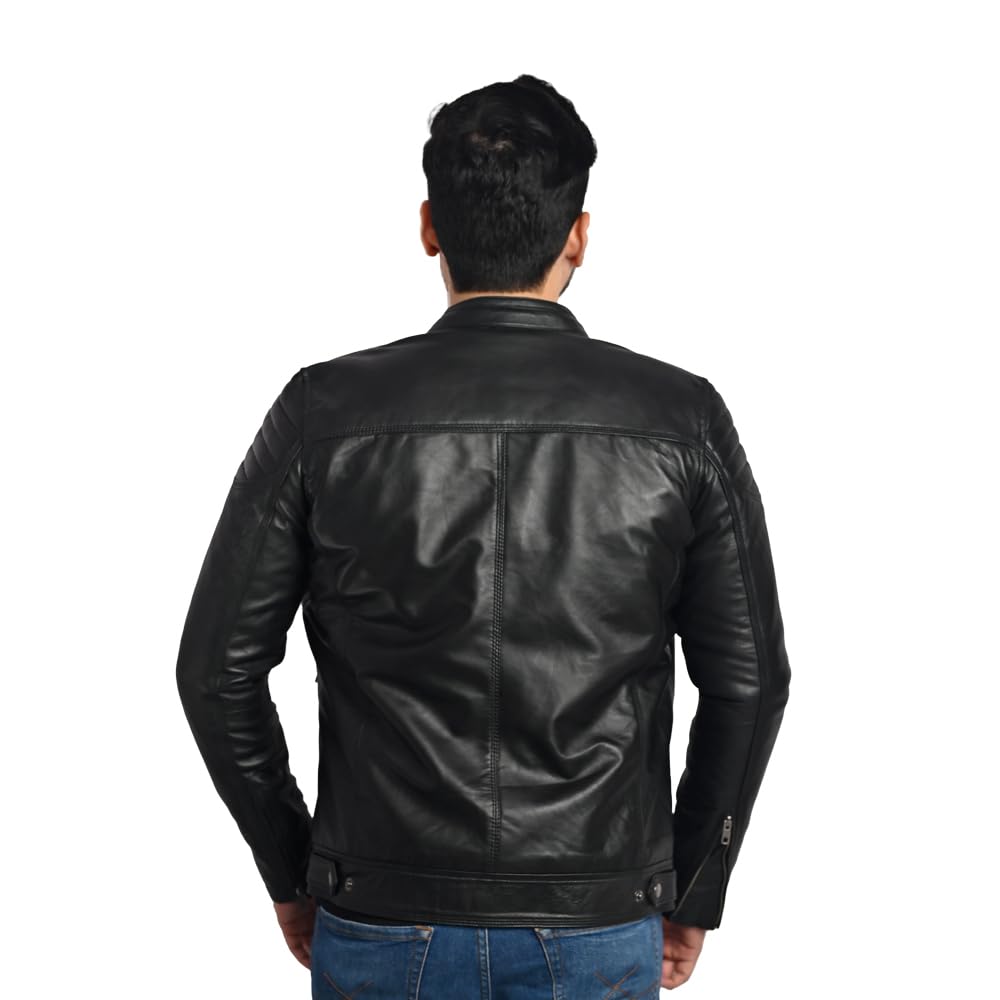 TAJ LEATHER Black Leather Jacket for Men – Premium Genuine Leather Jacket with Round Neck & Shoulder Design