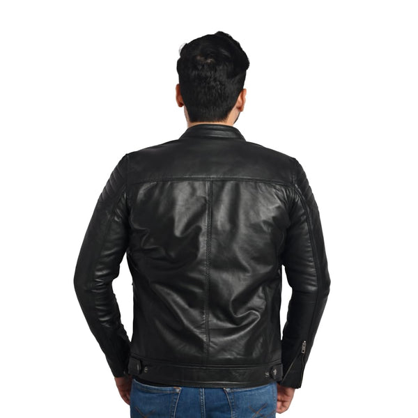 TAJ LEATHER Black Leather Jacket for Men – Premium Genuine Leather Jacket with Round Neck & Shoulder Design