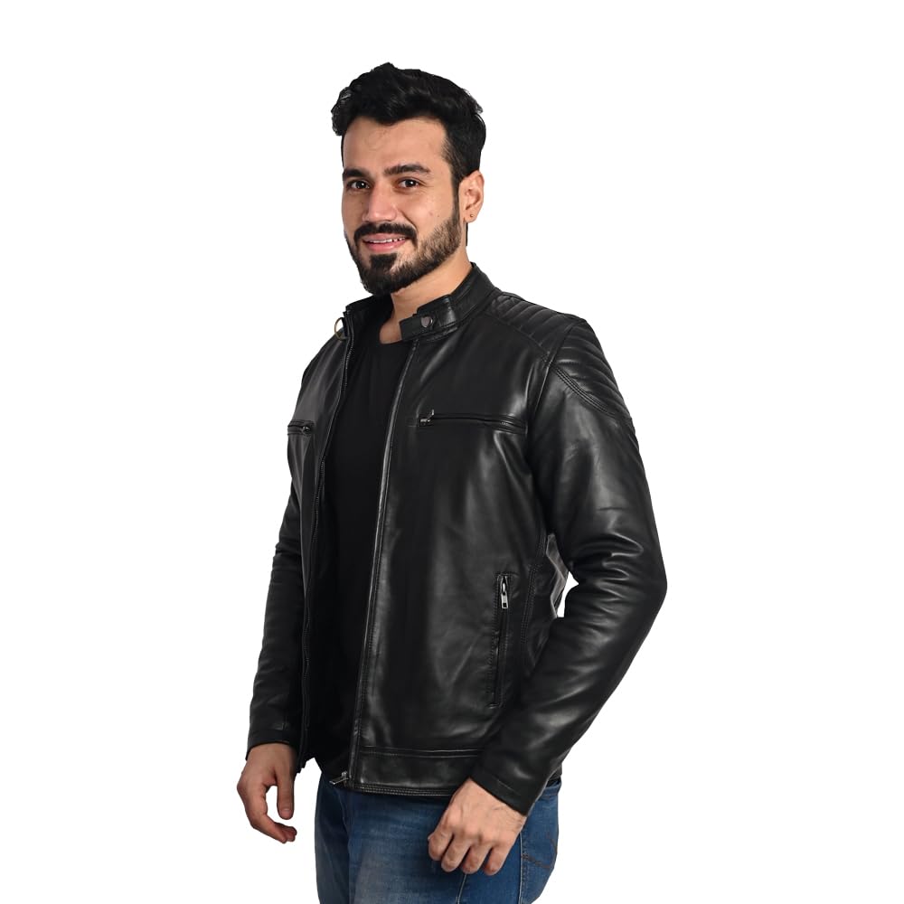 TAJ LEATHER Black Leather Jacket for Men – Premium Genuine Leather Jacket with Round Neck & Shoulder Design