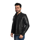 TAJ LEATHER Black Leather Jacket for Men – Premium Genuine Leather Jacket with Round Neck & Shoulder Design