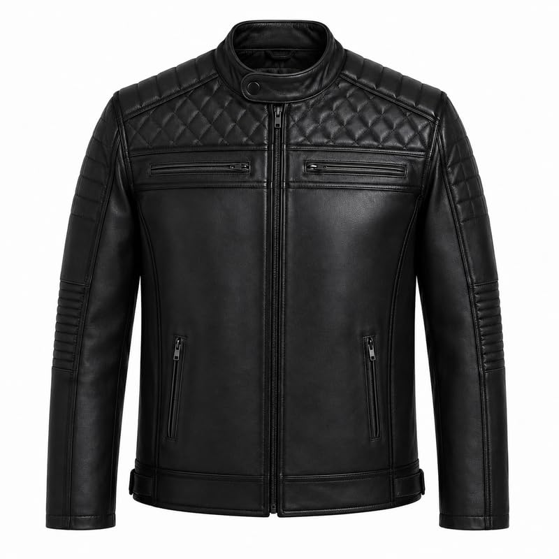 TAJ LEATHER Men's Genuine Leather Jacket | 100% Genuine Leather Cafe Racer Biker Jacket | Premium Quilted Motorcycle Jacket | Black | 3XL