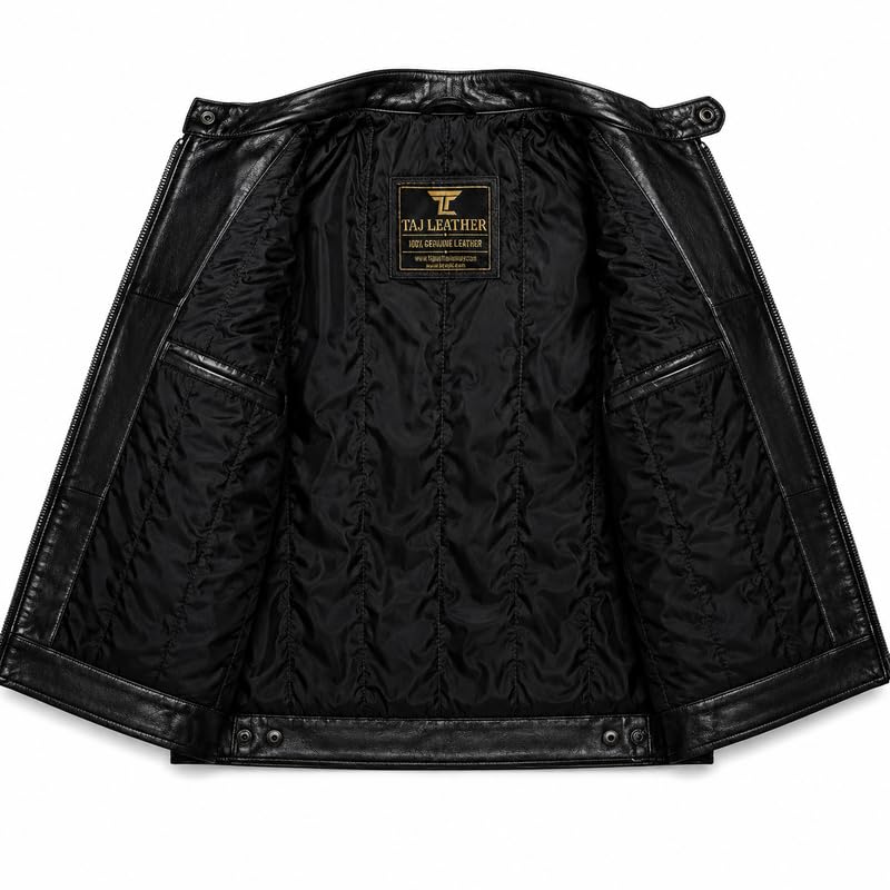 TAJ LEATHER Men's Genuine Leather Jacket | 100% Genuine Leather Cafe Racer Biker Jacket | Premium Quilted Motorcycle Jacket | Black | 3XL