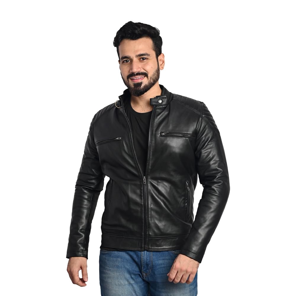 TAJ LEATHER Black Leather Jacket for Men – Premium Genuine Leather Jacket with Round Neck & Shoulder Design