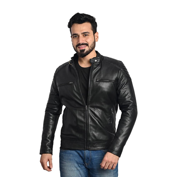 TAJ LEATHER Black Leather Jacket for Men – Premium Genuine Leather Jacket with Round Neck & Shoulder Design