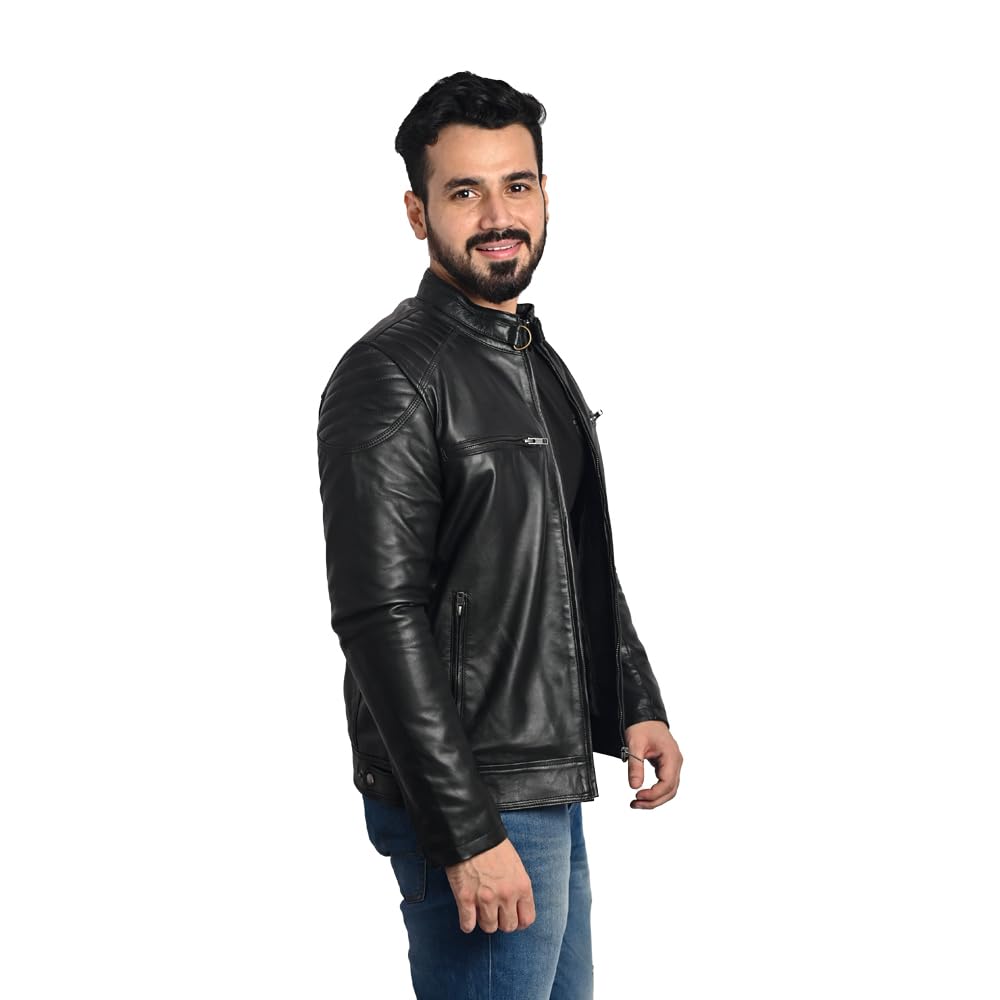 TAJ LEATHER Black Leather Jacket for Men – Premium Genuine Leather Jacket with Round Neck & Shoulder Design