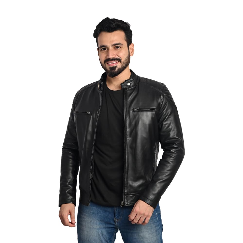 TAJ LEATHER Black Leather Jacket for Men – Premium Genuine Leather Jacket with Round Neck & Shoulder Design