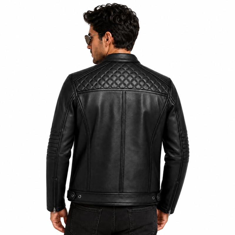 TAJ LEATHER Men's Genuine Leather Jacket | 100% Genuine Leather Cafe Racer Biker Jacket | Premium Quilted Motorcycle Jacket | Black | 3XL