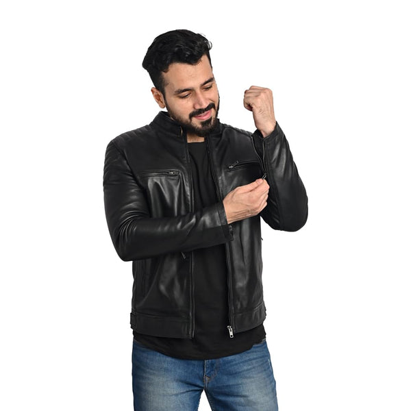 TAJ LEATHER Black Leather Jacket for Men – Premium Genuine Leather Jacket with Round Neck & Shoulder Design