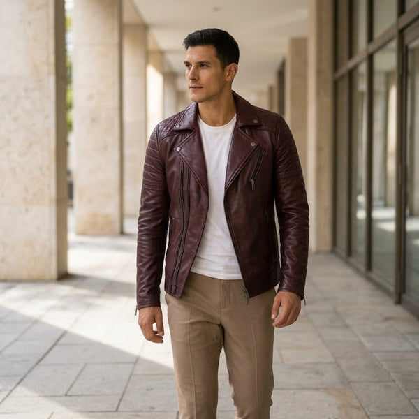 Taj Signature Cognac Biker Leather Jacket Close-up 3