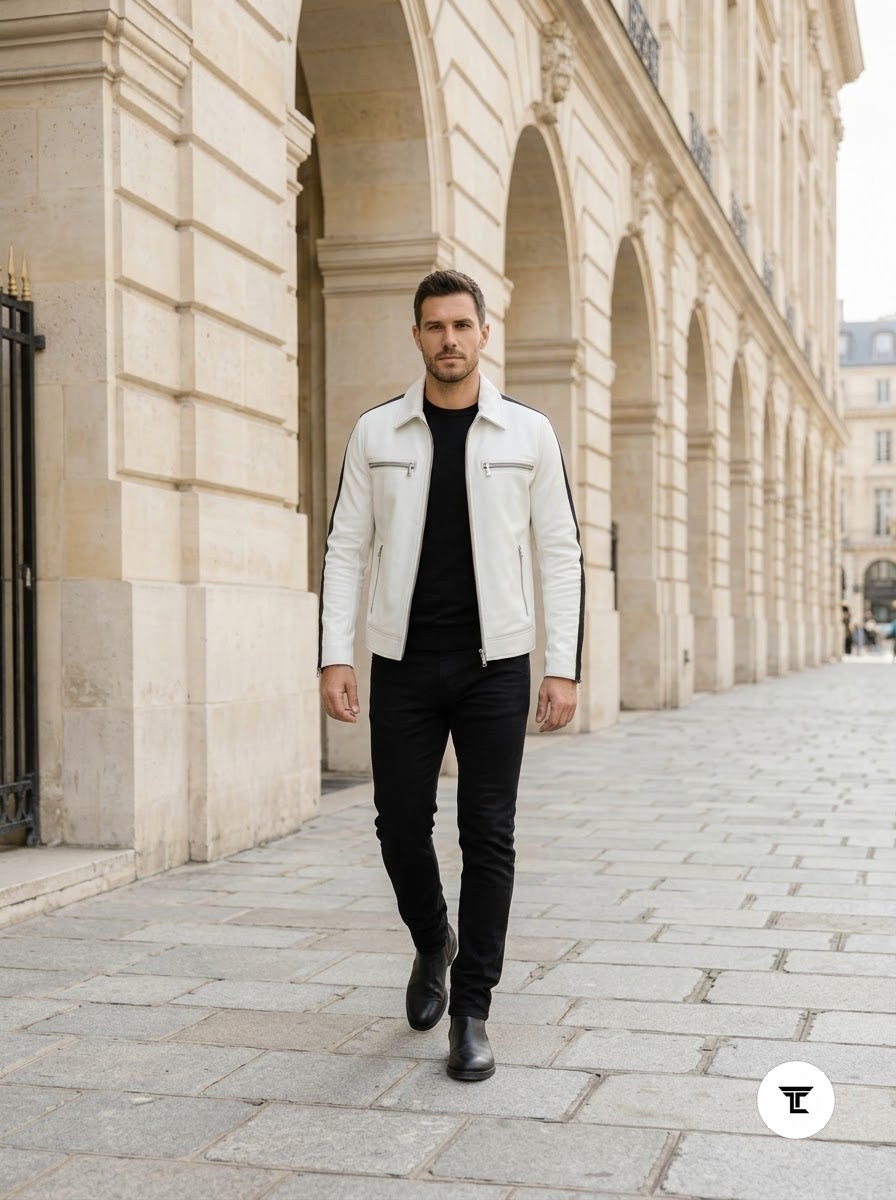 Taj Signature Alpine White Twin-Stripe Cafe Racer Jacket