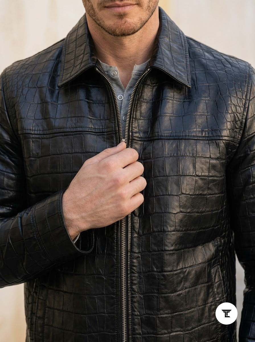 Taj Signature Croc-Embossed Exotic Leather Zip Jacket