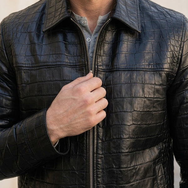 Taj Signature Croc-Embossed Exotic Leather Zip Jacket Close-up 3