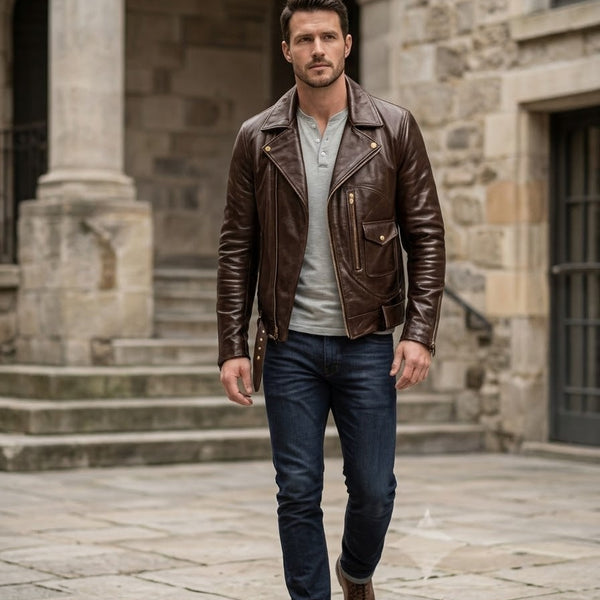 Taj Heritage Maverick Cognac Double-Rider Biker Jacket Close-up 3