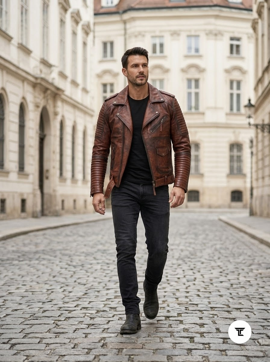 Taj Heritage Dakota Distressed Cognac Moto Leather Jacket