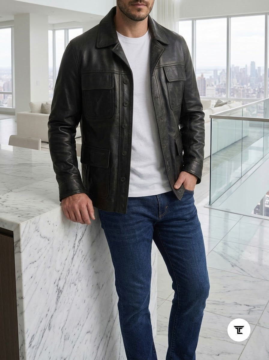 Taj Bespoke Washed Charcoal Nappa Leather Shirt Jacket