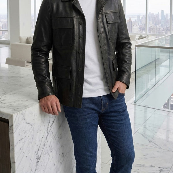 Taj Bespoke Washed Charcoal Nappa Leather Shirt Jacket Close-up 1