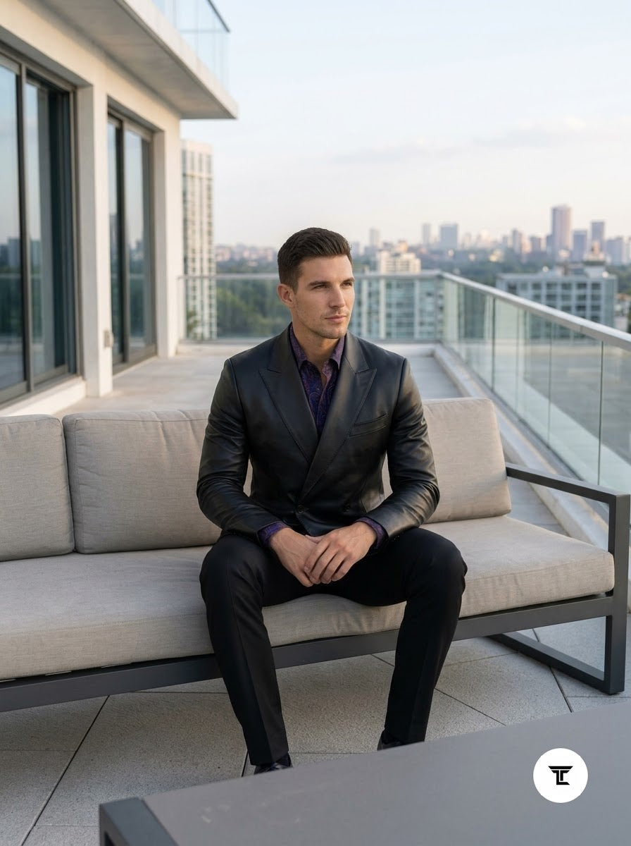 Taj Bespoke Penthouse Black Leather Tuxedo Blazer