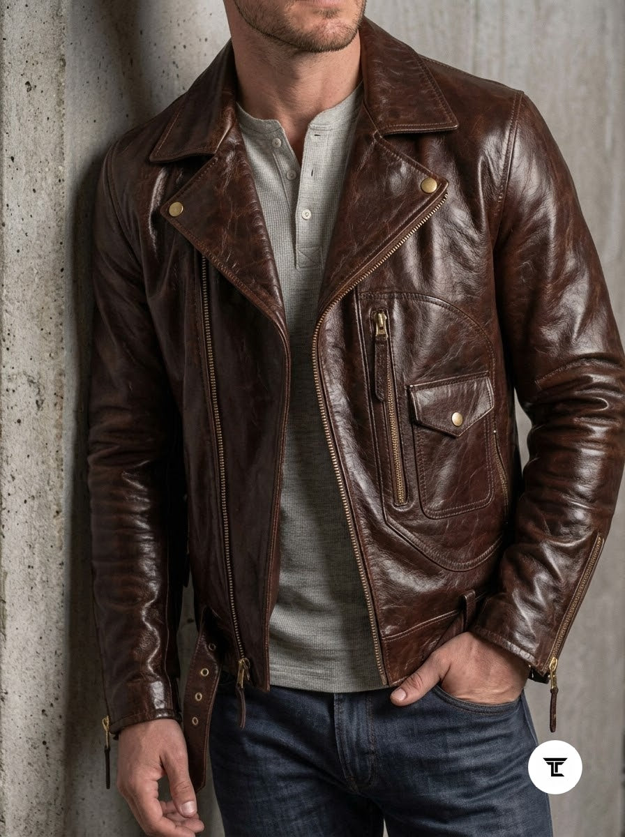 Taj Heritage Maverick Cognac Double-Rider Biker Jacket