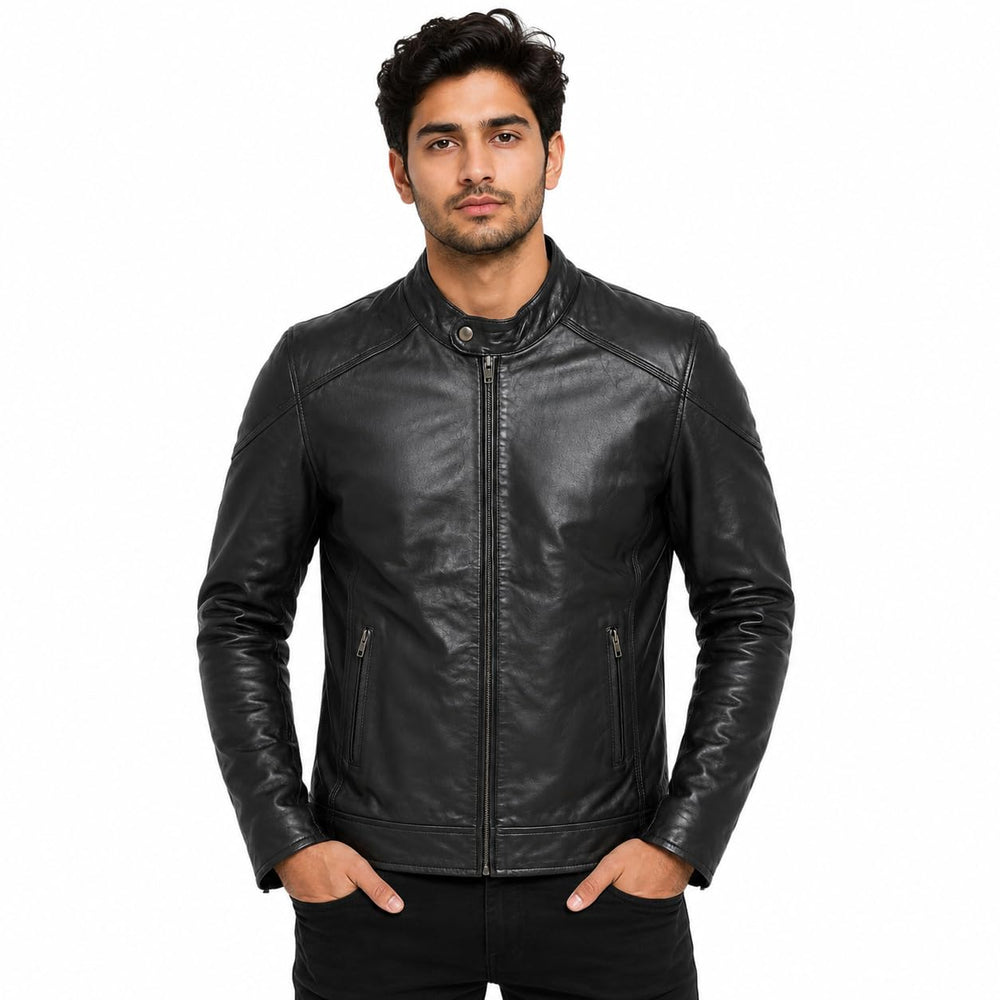 TAJ LEATHER Genuine Leather Men's Biker Jacket | 100% Genuine Leather Motorcycle Jacket for Men | Premium Stand Collar Zip-Up Leather Jacket | Casual, Riding & Winter Wear | Black | 2XL
