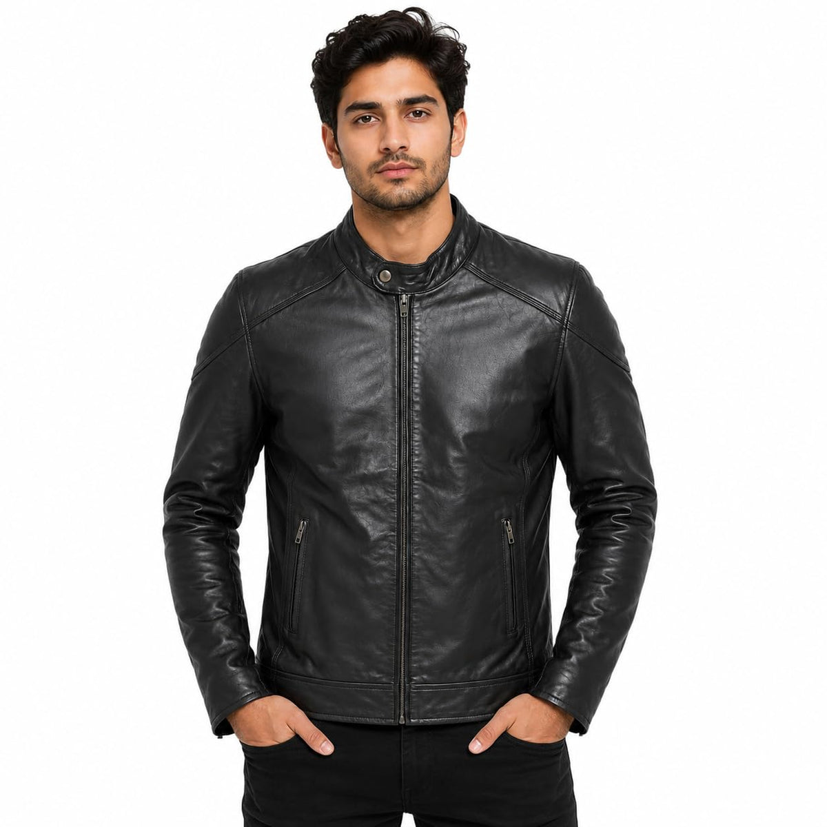 TAJ LEATHER Genuine Leather Men's Biker Jacket | 100% Genuine Leather Motorcycle Jacket for Men | Premium Stand Collar Zip-Up Leather Jacket | Casual, Riding & Winter Wear | Black | 2XL