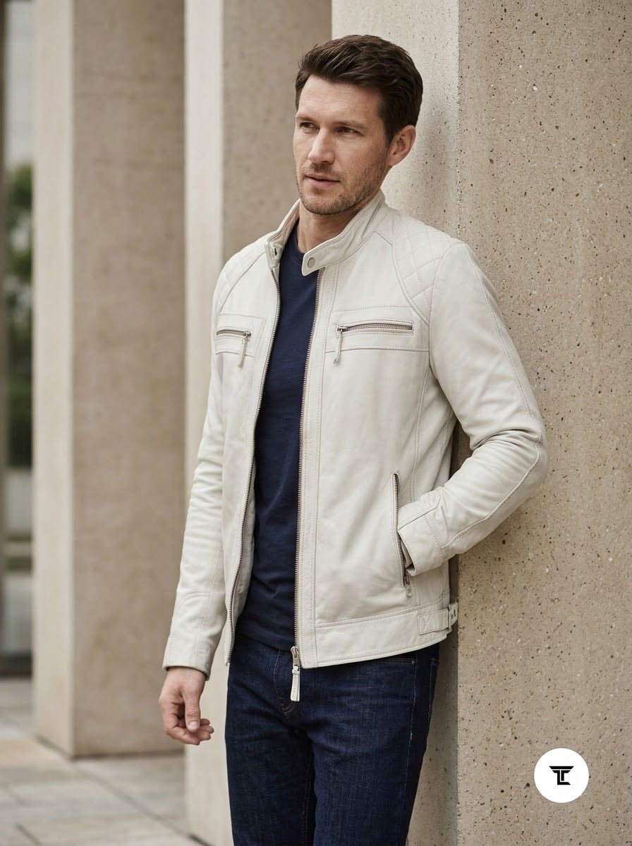 Taj Signature Alabaster White Cafe Racer Leather Jacket
