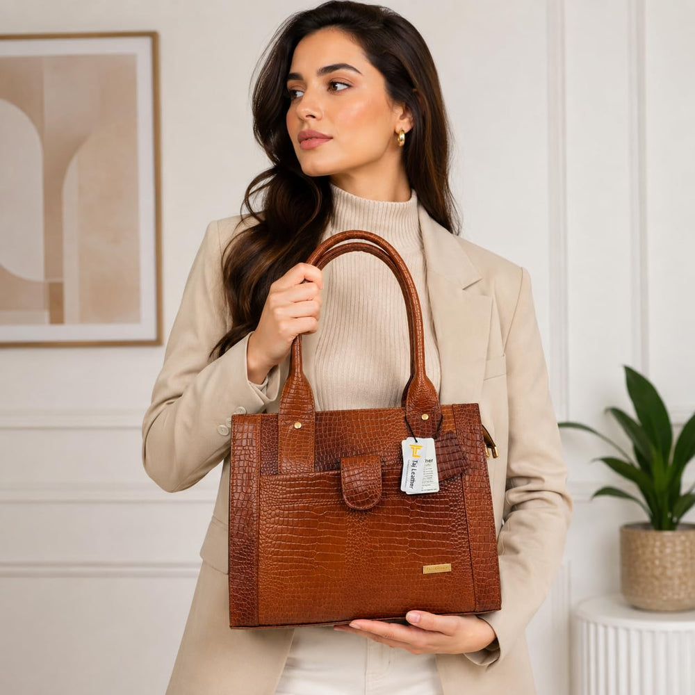TAJ LEATHER Genuine Leather Handbag for Women, Premium Crocodile Pattern Tote Bag, Spacious Ladies Purse for Office, Work, Shopping & Daily Use, Stylish Shoulder Bag