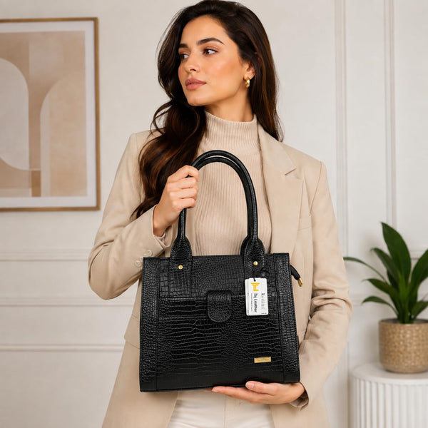 TAJ LEATHER Genuine Leather Handbag for Women, Premium Crocodile Pattern Tote Bag, Spacious Ladies Purse for Office, Work, Shopping & Daily Use, Stylish Shoulder Bag