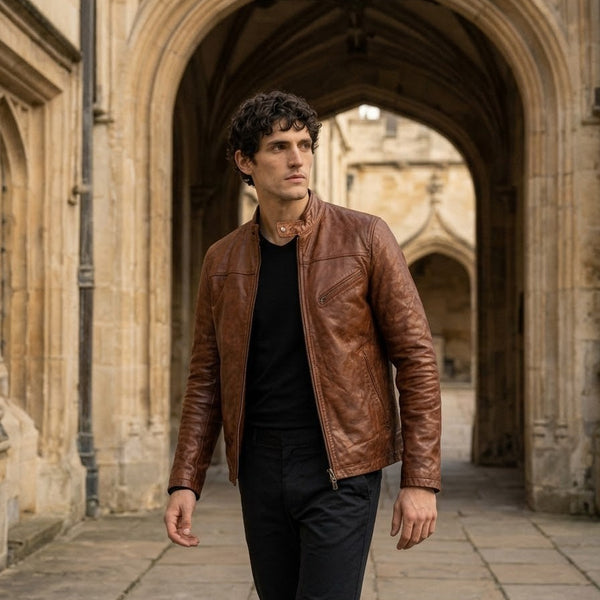 Taj Signature Verona Cognac Tan Distressed Cafe Racer Jacket Close-up 2