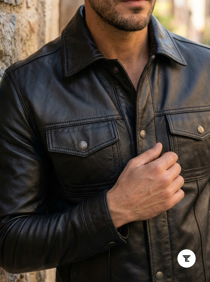 Taj Bespoke Tribeca Black Leather Button Overshirt