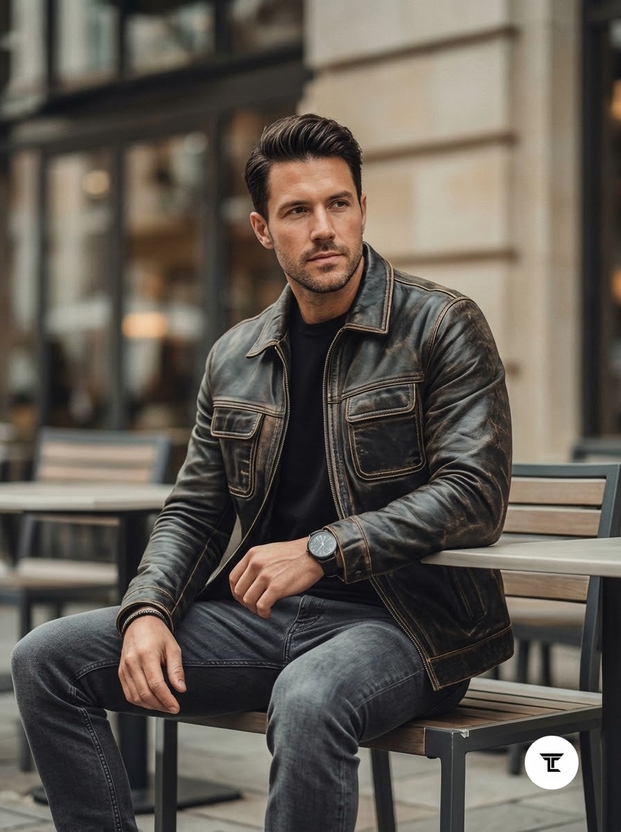 Taj Heritage Detroit Distressed Charcoal Leather Trucker Jacket - View 1000166381