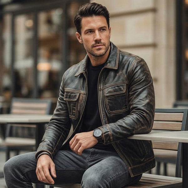 Taj Heritage Detroit Distressed Charcoal Leather Trucker Jacket Close-up 3
