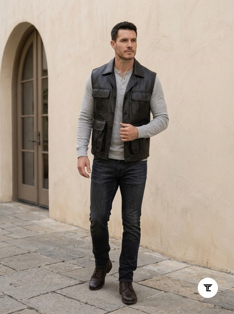 Taj Signature Tactical Black Leather Cargo Utility Vest