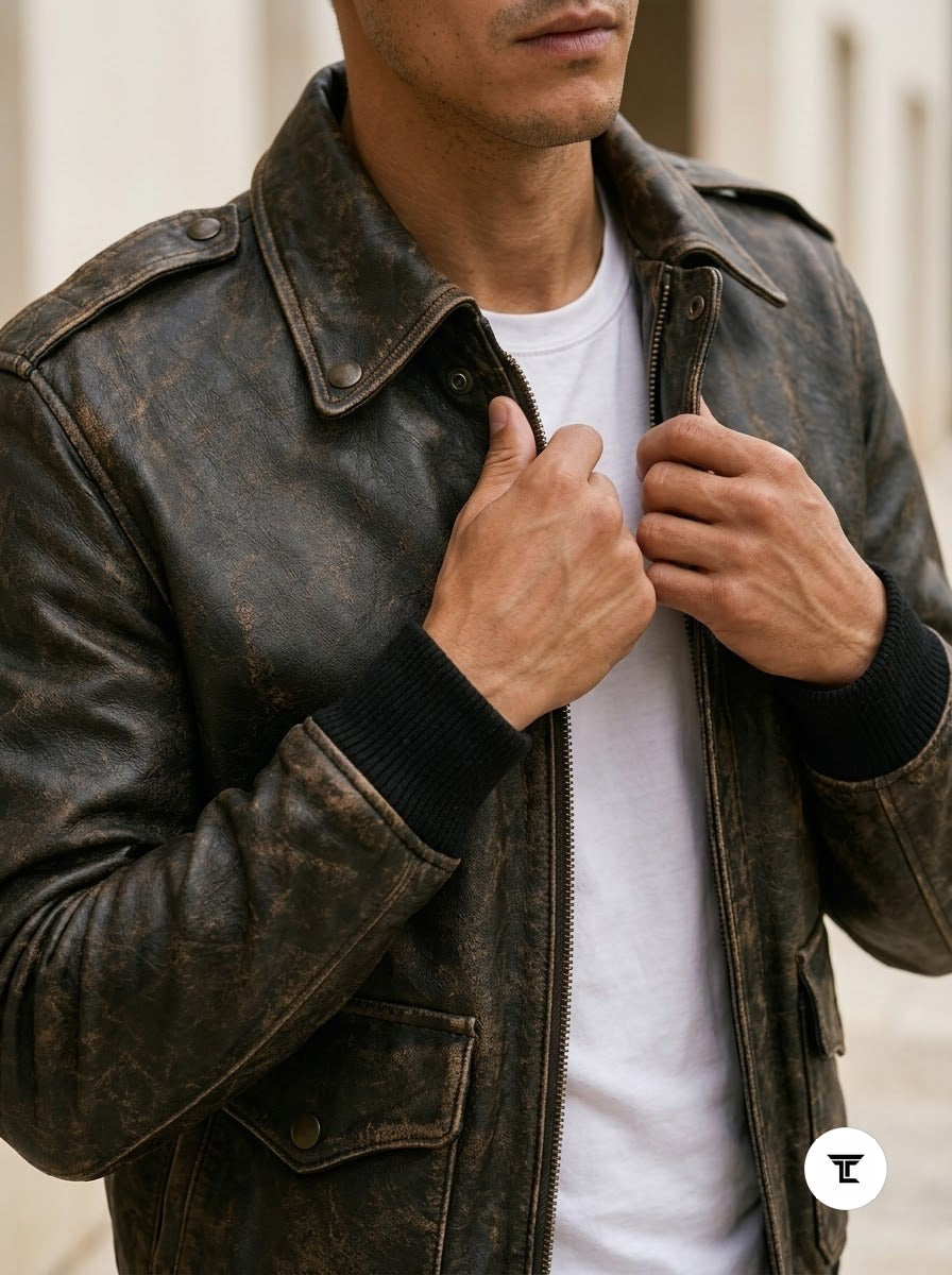 Taj Heritage Vintage Distressed Olive Leather Bomber Jacket