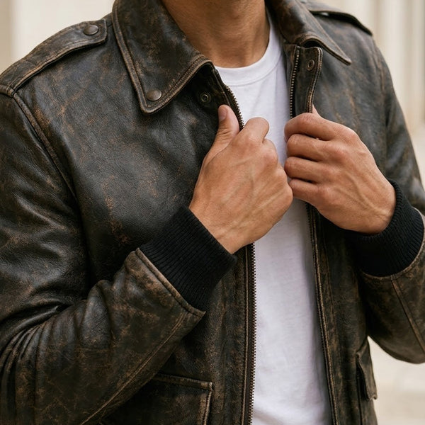 Taj Heritage Vintage Distressed Olive Leather Bomber Jacket Close-up 3