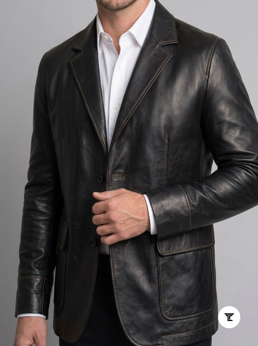 Taj Bespoke Executive Black Nappa Leather Two-Button Blazer