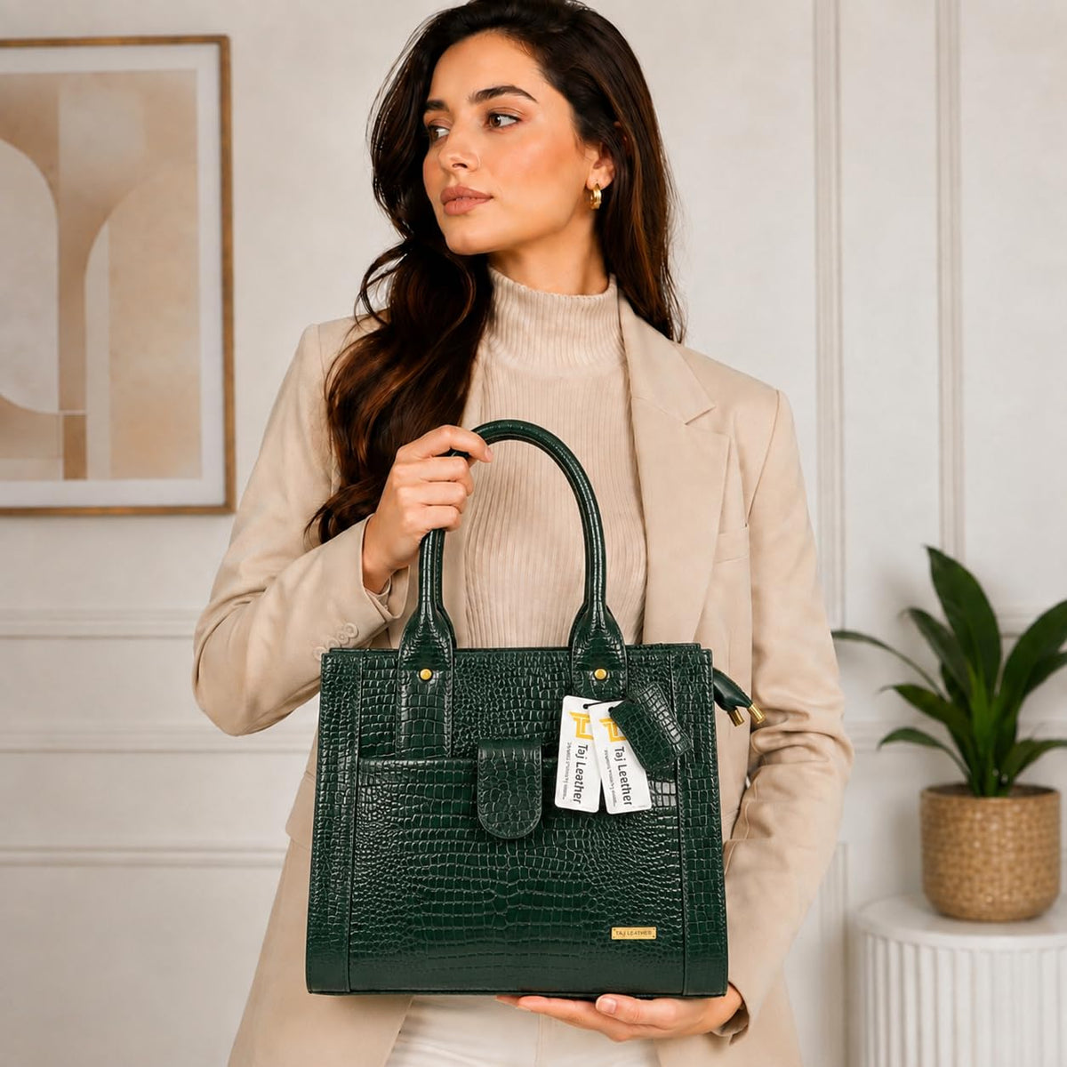 TAJ LEATHER Genuine Leather Handbag for Women, Premium Crocodile Pattern Tote Bag, Spacious Ladies Purse for Office, Work, Shopping & Daily Use, Stylish Shoulder Bag