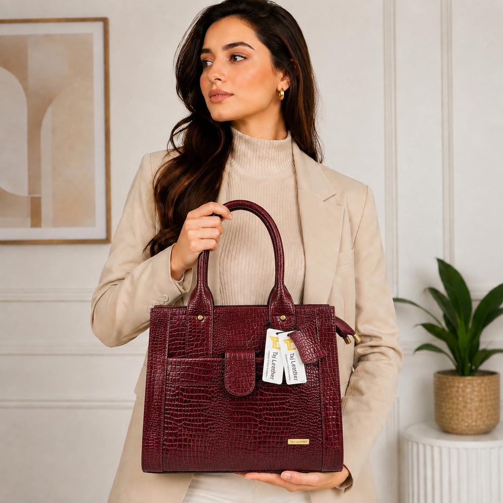 TAJ LEATHER Genuine Leather Handbag for Women, Premium Crocodile Pattern Tote Bag, Spacious Ladies Purse for Office, Work, Shopping & Daily Use, Stylish Shoulder Bag