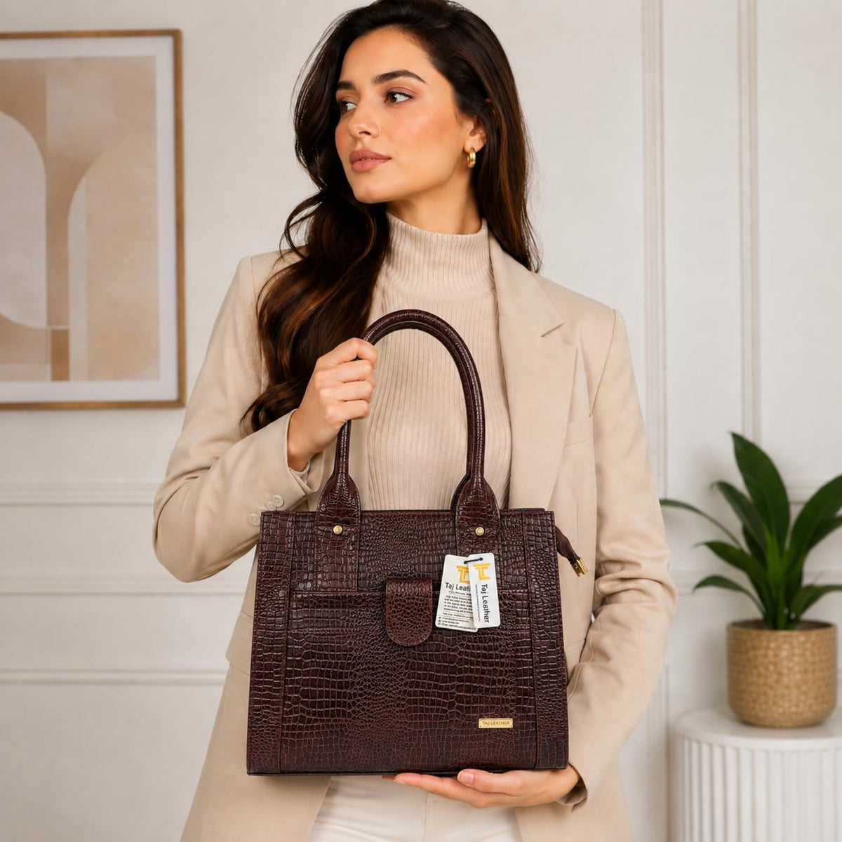 TAJ LEATHER Genuine Leather Handbag for Women, Premium Crocodile Pattern Tote Bag, Spacious Ladies Purse for Office, Work, Shopping & Daily Use, Stylish Shoulder Bag