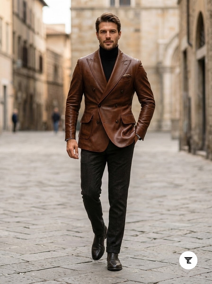 Taj Bespoke Cognac Double-Breasted Leather Blazer