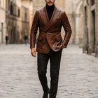 Taj Bespoke Cognac Double-Breasted Leather Blazer