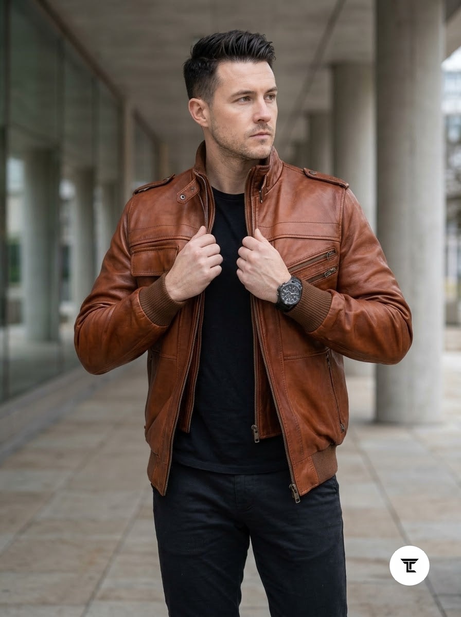 Taj Signature Amber Cognac Ribbed Moto Leather Jacket