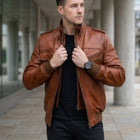 Taj Signature Amber Cognac Ribbed Moto Leather Jacket