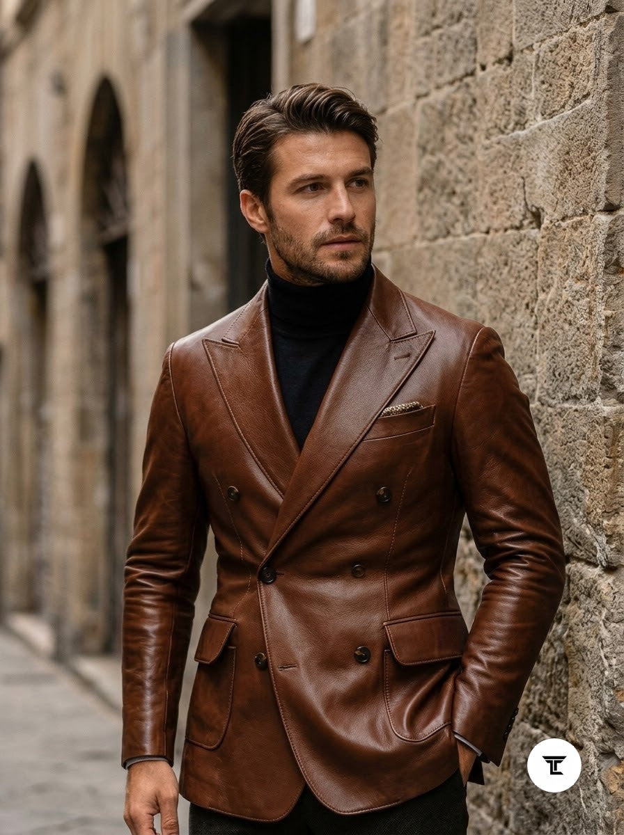 Taj Bespoke Cognac Double-Breasted Leather Blazer