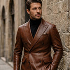 Taj Bespoke Cognac Double-Breasted Leather Blazer